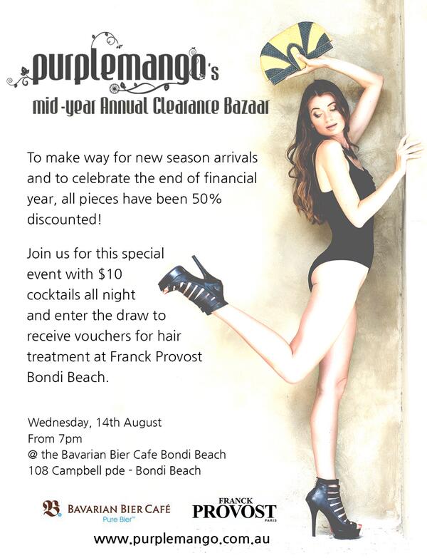 PurpleMangoEco's tweet photo. PurpleMango's mid-year annual clearance bazaar.
August 14th @ Bavarian Bier Cafe Bondi Beach
Everything 50% off!!! http://t.co/vxBGp6aq8W