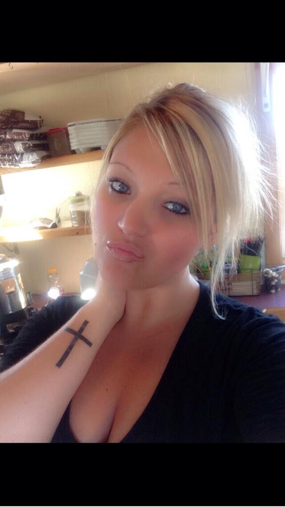 ashleylynnem's tweet photo. #cross #tattoo #blueeyes #work http://t.co/53MkL3h8P2