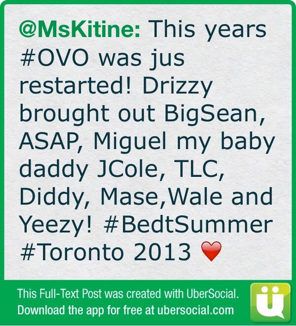 MsKitine's tweet photo. This years #OVO was jus restarted! Drizzy brought out BigSean, ASAP, Miguel my baby daddy JCole, TLC, (cont) http://t.co/bo01sWnt6l