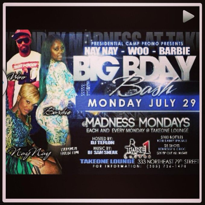 Be there this monday night july 29th at @Take1lounge  barbie, nay nay, woo , peaches big birthday bash<a class="tags" target="_blank" title="On Twitter" href="/?out=eyJ0eXAiOiJKV1QiLCJhbGciOiJIUzUxMiJ9.eyJpYXQiOjE3MjQ5Mzg3NjAsImlzcyI6InR3cG9ybnN0YXJzLmNvbSIsIm5iZiI6MTcyNDkzODc2MCwiZXhwIjoxNzU2NDc0NzYwLCJyZWRpcmVjdF91cmwiOiJodHRwczovL3R3aXR0ZXIuY29tL1Rha2UxbG91bmdlIn0.CNSScfvJBr6Wygwd90fMw0SfmlIhMQxY-cbgw9BTwF78yyU2F5NYo-ZeX0niBCA-lb63DGYJQQQHORcrIWDjZg">&#64;Take1lounge</a>