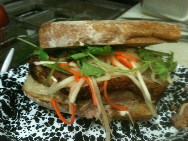 Here's the money shot of porchetta banh mi this Saturday at 7:30 Flying Pig Cafe Little Tokyo. #porchetta