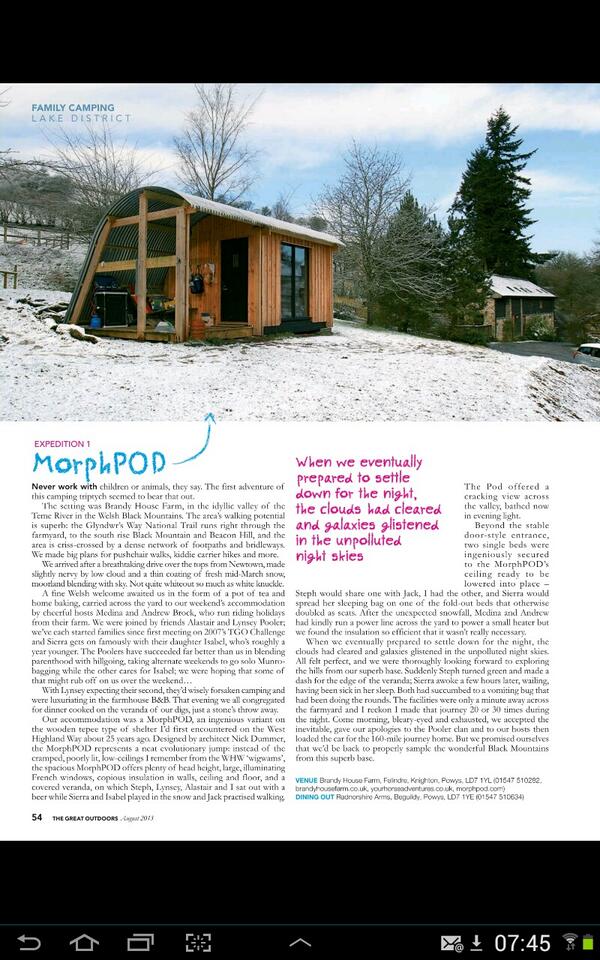 morphpod's tweet image. MorphPOD @BrandyHouseFarm is reviewed in August issue of 'The Great Outdoors' mag! #camping #hillwalking #outdoors