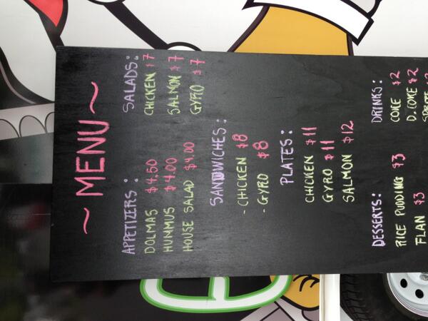 Menu for Gyros on Wheels
Today with Off The Grid at McCoppin St. and Valencia St. Always Great Food!!!!