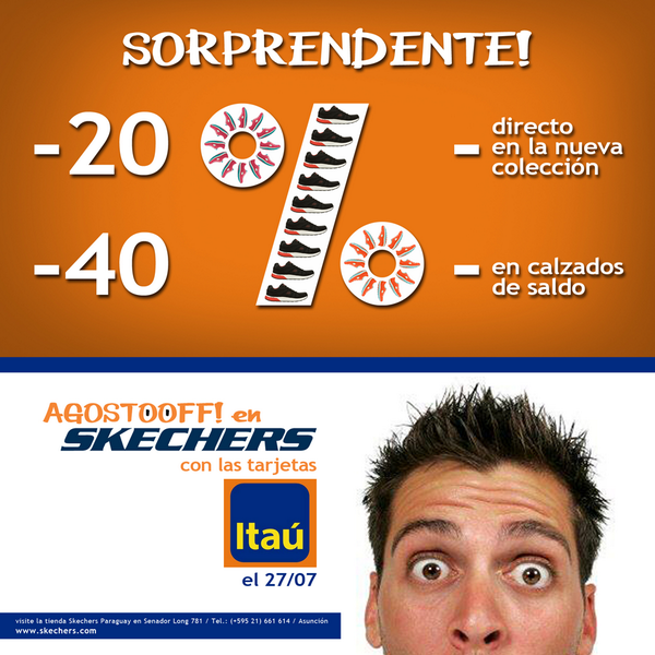 skecherspy's tweet photo. SORPRENDENTE!! Sábado de Descuentos con tu tarjeta Itaú en Skechers!! del 20 al 40% de descuento directo en calzados! http://t.co/g03uEzvoL7