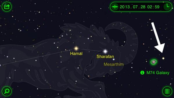 darkskyman's tweet image. Here are finder charts for M74 with its new #supernova. The nearby 4.5mag star nu Psc is marked w/ white arrow [2/2]