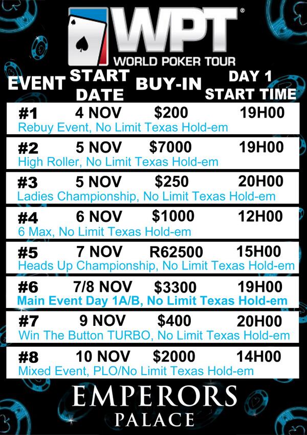 WPTSA's tweet photo. WPT Official Schedule Nov 2013, retweet to increase your chances for the freeroll! @EmperorsPalace @ShuffleUpPoker http://t.co/jtbpDgzSys