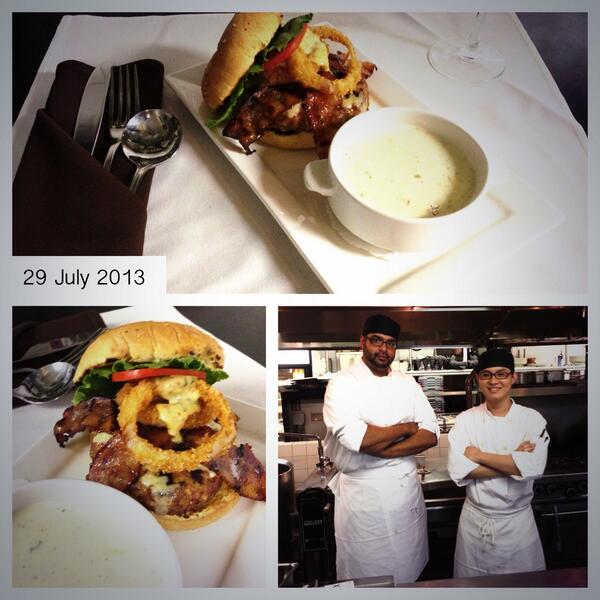 Today's special: Chicken burger, maple bacon, applewood cheddar, onion rings, and chipotle mayo. All made in-house!