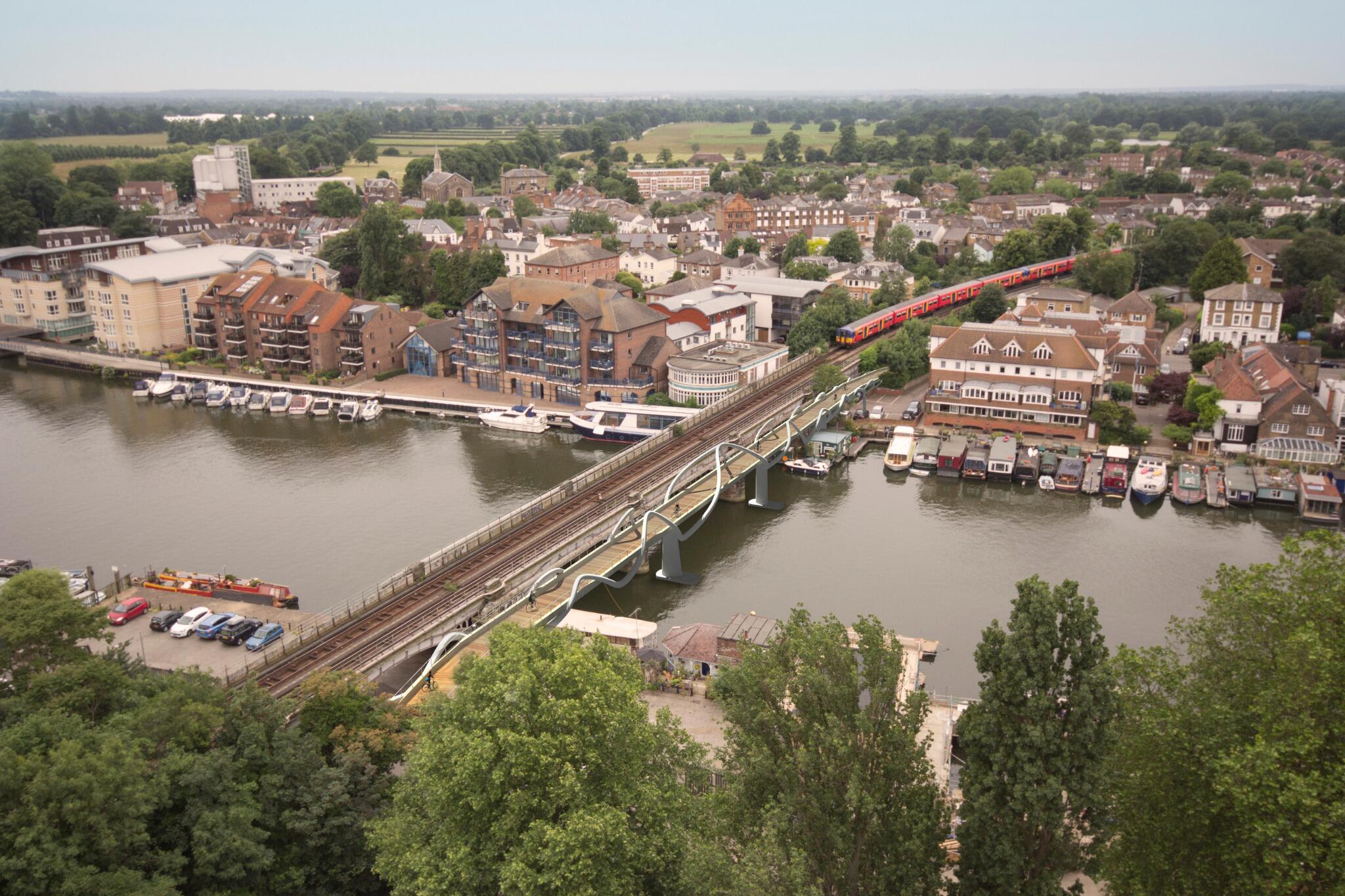 Concept art of a cycling boardwalk running along the Thames