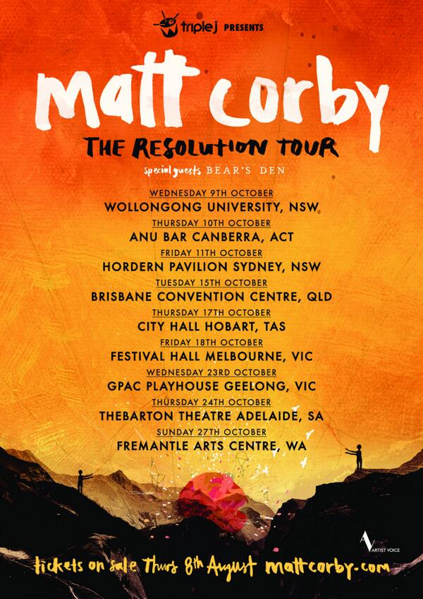 MattCorby's tweet photo. OZ friends, we are excited to announce The Resolution Tour this Oct. Tix on sale Thu 8 Aug: http://t.co/mazh577lWI x http://t.co/WD5TB5Ks3G