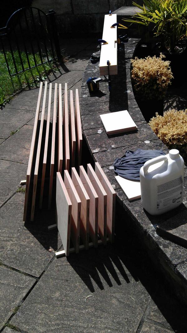 basemodeuk's tweet image. Plywood panels for the &apos;anna&apos; cabinet drying in the sun after varnishing.