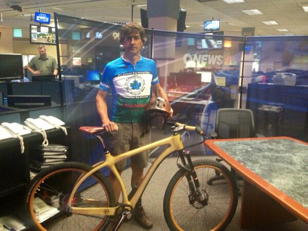 9NEWS's tweet image. Bike made out of a branch that fell on 6th Ave. Robert Bridenell will race it in the Leadville 100. Story at 8:20am
