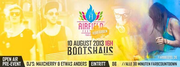 AirfieldFSTVL's tweet image. Am #Samstag findet im Kölner #Bootshaus ab 16 Uhr das *VORFÄRBEN* fürs #Airfield Festival Holi In Colors statt.
