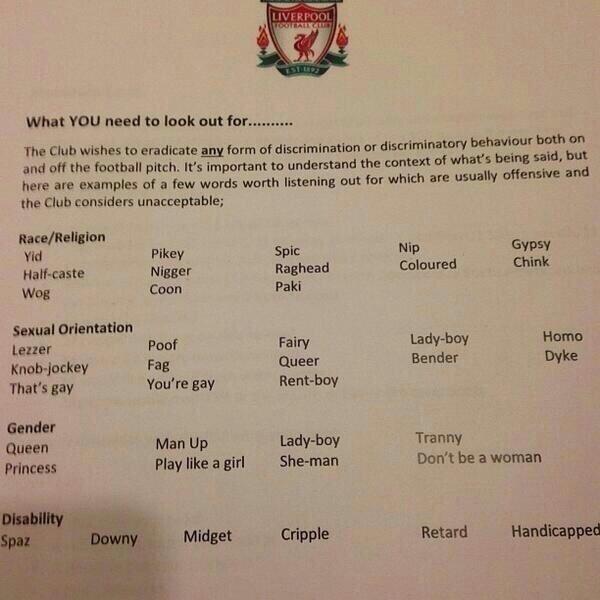  Is this fake? Liverpools letter denouncing offensive language includes long list of banned words