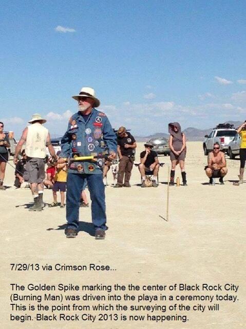 burningman's tweet photo. The Golden Spike went in the ground Sunday, marking the center - and beginning - of Black Rock City 2013. http://t.co/JLQqdAk9Ig