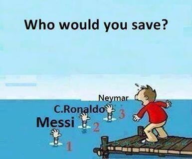 DevHopeSport's tweet image. Look at the #picture and tell us who will you save? 
1) #Messi 
2) @Cristiano  
3) #Neymar 
 #DHSfootball #RT
