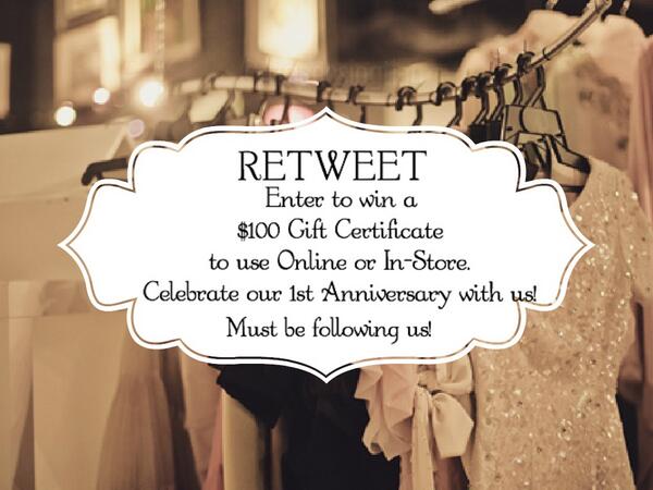 shophillarys's tweet photo. #RETWEET to win a $100 Gift Certificate for in-store and online. Must be following us! http://t.co/prFiiQRd3j