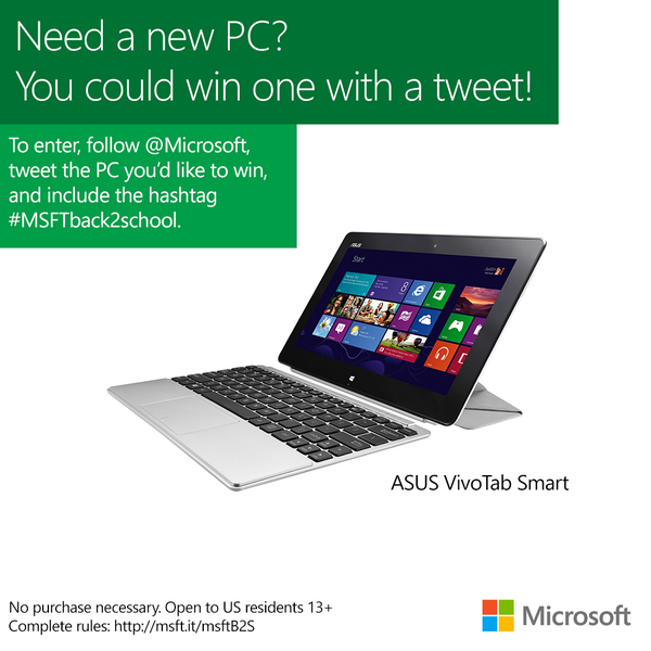 ASUS's tweet photo. US Fans! You can win an @ASUS VivoTab Smart #Windows8 PC in the @Microsoft #MSFTBack2School tweetstakes! (US/13+) http://t.co/JQA2XRhi3s