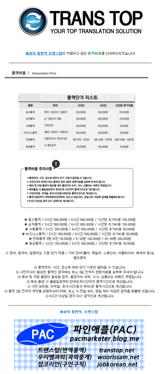 pacmarketer's tweet image. 세상의 통번역 트랜스탑의 저렴하고 알찬 통역비용를 안내해드리겠습니다!
transtop.net
070-4104-6888