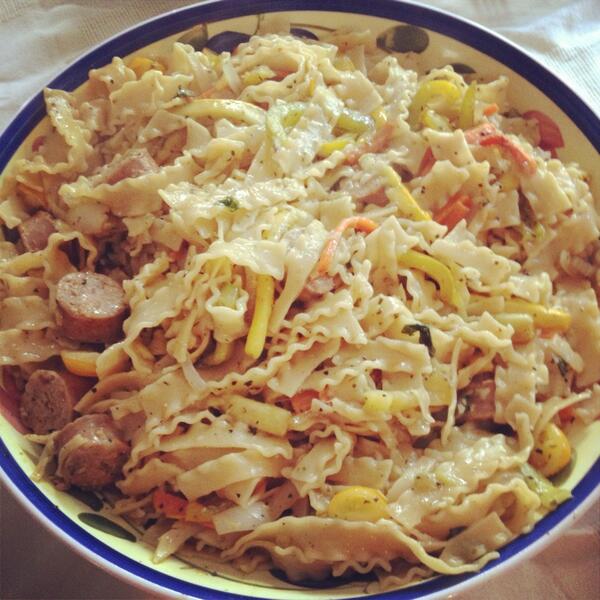 ParkPlaceMarket's tweet photo. Pasta Primavera-- abundant with homegrown zucchini and squash, and fresh Italian sausage from the local butcher. http://t.co/ua0zejt9xQ