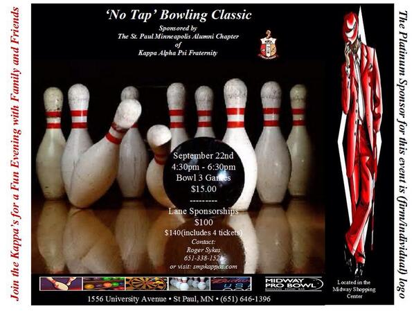 Bowling with the Kappas. Grab your friends and family for a fun evening. Sunday September 22nd. 3 games for $15.