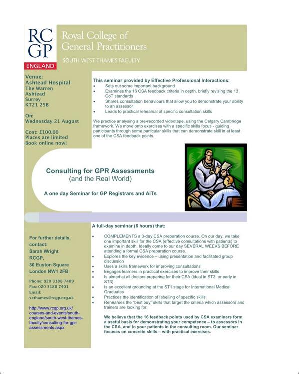 RCGP_SWTfaculty's tweet photo. Consulting for GPR Assessments &amp;  real world, Wednesday 21 August – Ashtead Hospital, Surrey, http://t.co/LdAkf9QUIG http://t.co/YfSxR78uqx