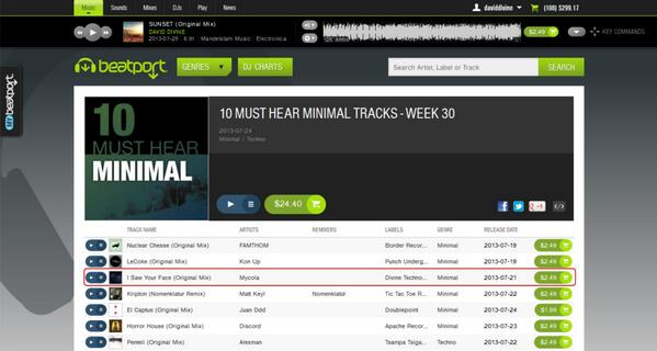 divinetechrec's tweet image. 30/07/2013 - Track Mycola - I Saw Your Face  hit in chart 10 Must Hear Minimal Tracks Week 30