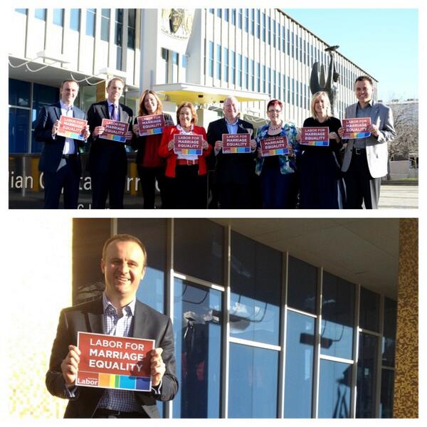 Labor4ME's tweet photo. All Labor Members of the ACT Legislative Assembly showing their support for #marriageequality &amp; upcoming legislation http://t.co/W4xUA6k0nj