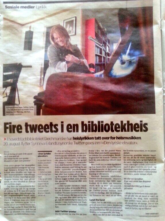 Særs gildt å få så flott oppslag i <a href="/StvAftenblad/">Broken Link POC</a> i dag! Heislyrikk på @deichmanske. 4 av mine tweets deltek.