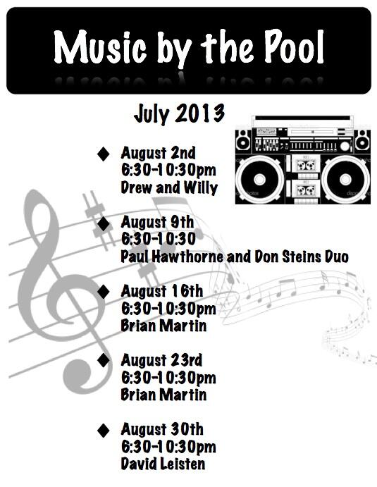 SummitHillsCC's tweet photo. Here's the schedule for Music by the Pool for August! Hope to see you all there! http://t.co/AKZwytFFOE