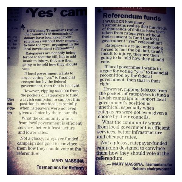 Tas4Reform's tweet photo. TFR letters to the editor today in @theadvocatetas and @ExaminerOnline #politas #auspol #letters #referendum http://t.co/zW46Wwb2l5
