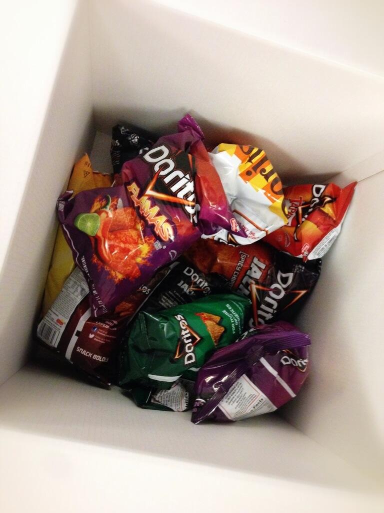 Mystery package from @TacoBell arrived at the office. Contained no explanation, but plenty of snacks. http://t.co/TtOEisNjkC