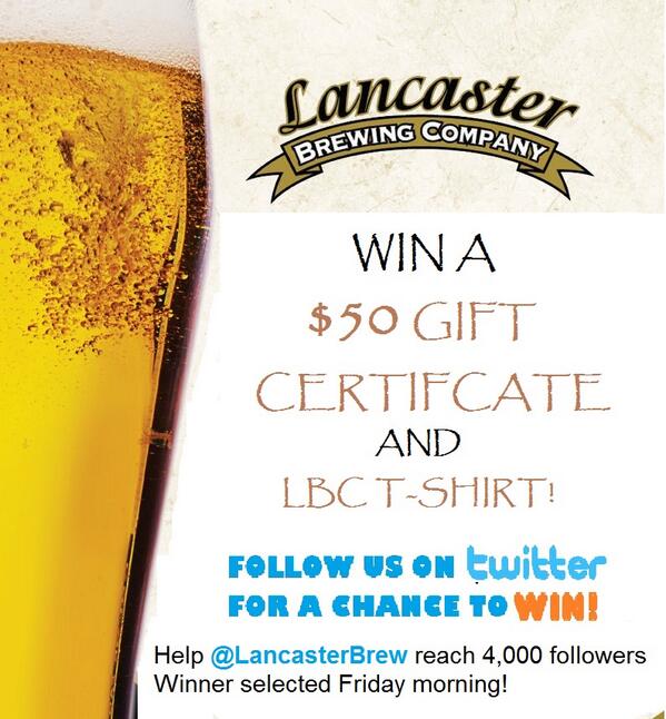 Win a $50 gift certificate AND an LBC Shirt! RT this pic to be entered Help us reach 4,000 followers! Cheers #Contest