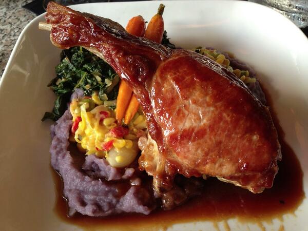 FoodiesontheFly's tweet photo. Dinner with the family @MaxsHarvest. Always a treat, and always have leftovers, (see my gigantic pork chop). http://t.co/HtRykJ1hPn