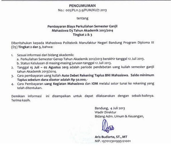 POLMAN_2012's tweet photo. (Info bayaran semester3) Surat pengumuman per tgl 4 Juli 2013. Pembayaran paling lambat hari ini, caranya bisa diliat http://t.co/MZHzYD1kC2