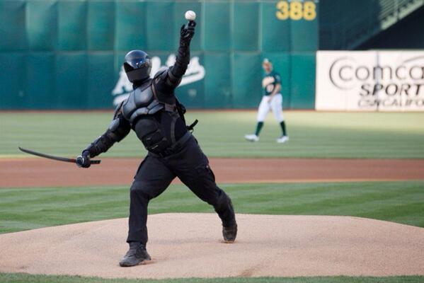 TheRock's tweet photo. Sword in hand, meh boy Snake Eyes delivers his 'split finger snakey' #SnakeEyesFirstPitch #DamnNinjas #GIJOE http://t.co/zhAnrdkWBT
