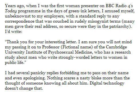 RT <a href="/adiskype/">Adi Johnson🔻Email: adiskype@gmail.com</a> <a href="/CCriadoPerez/">Caroline Criado Perez</a>  How BBC's Libby Purves responded to abuse before Twitter was even born!