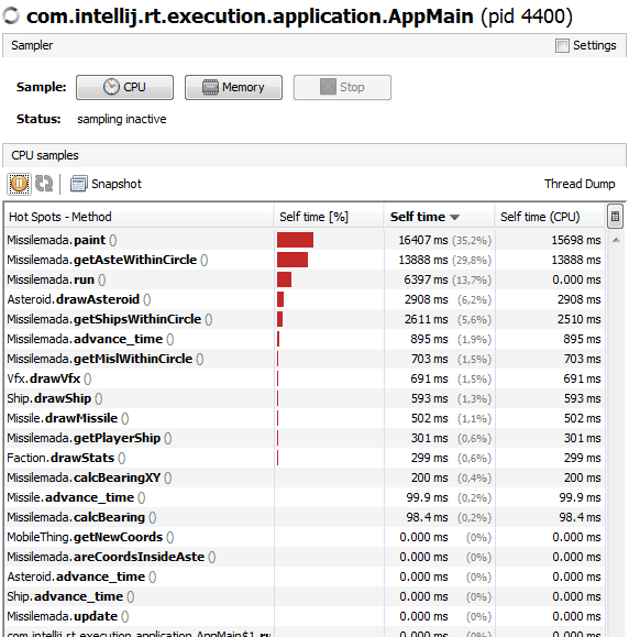 Tomi_Tapio's tweet image. Using #JVisualVM I can see what functions use the most CPU in my #Missilemada game: