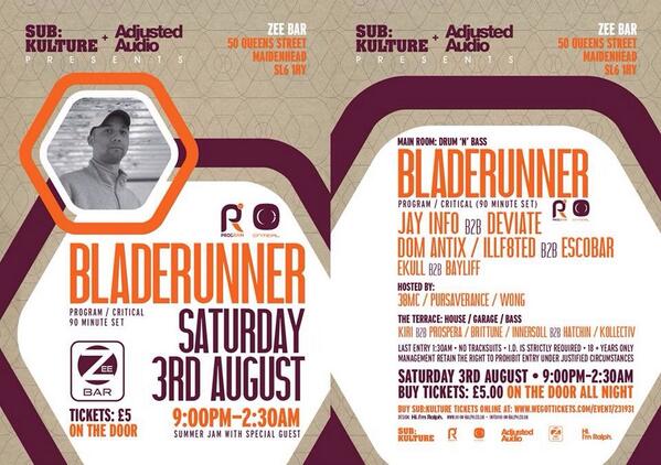 TOMORROW TOMORROW BLADERUNNER AT ZEE BAR MAIDENHEAD £5 ENTRY ON THE DOOR ALL NIGHT