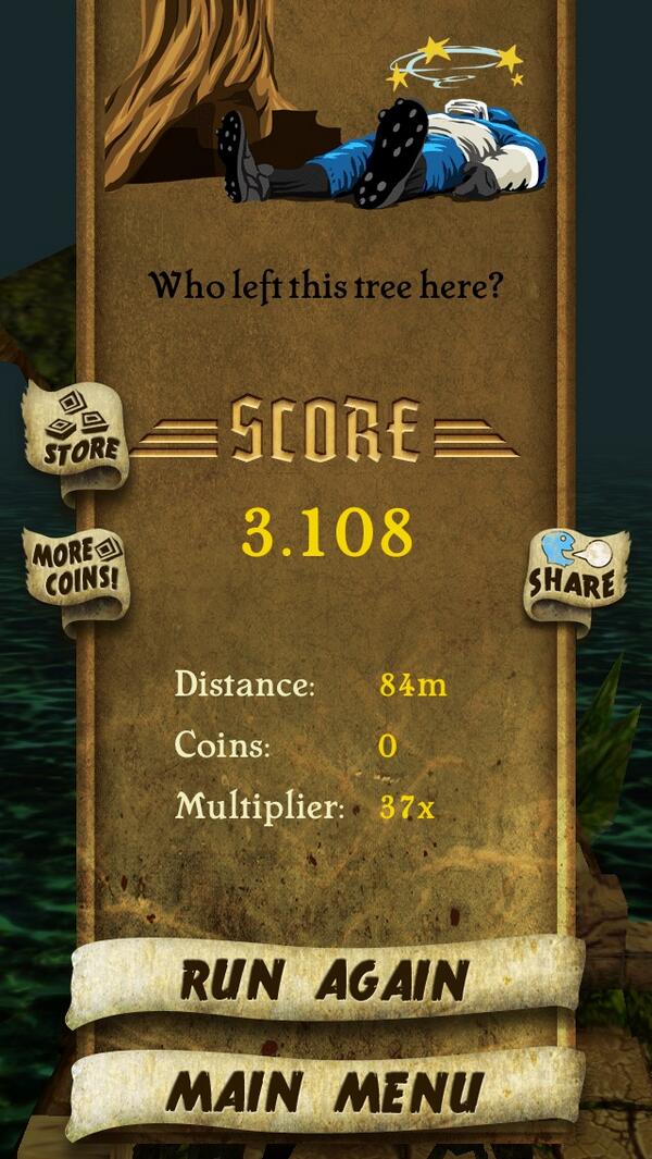 Bafoka's tweet photo. I got 3.108 points while escaping from demon monkeys. Beat that! http://t.co/evK1qeETxY #TempleRun http://t.co/OkrD73SGhr