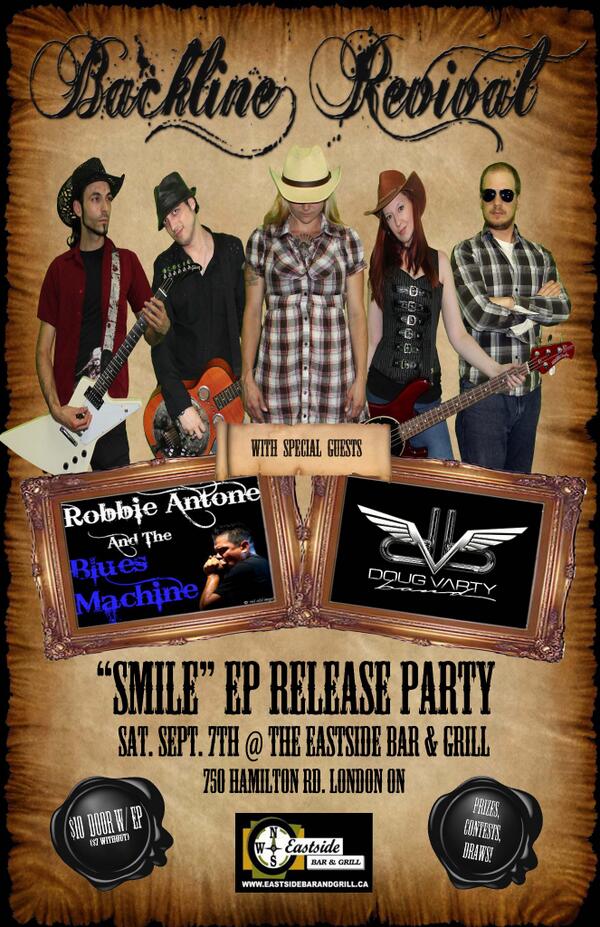 <a href="/BacklineRevival/">Backline Revival</a> #Smile #EP #ReleaseParty #Sept7th <a href="/EastsidesLondon/">Eastside Bar & Grill</a> #RockNRoll &amp; #Blues w <a href="/dougvarty/">Doug Varty</a> &amp; <a href="/robbieantone/">ROBBIE ANTONE BAND</a>