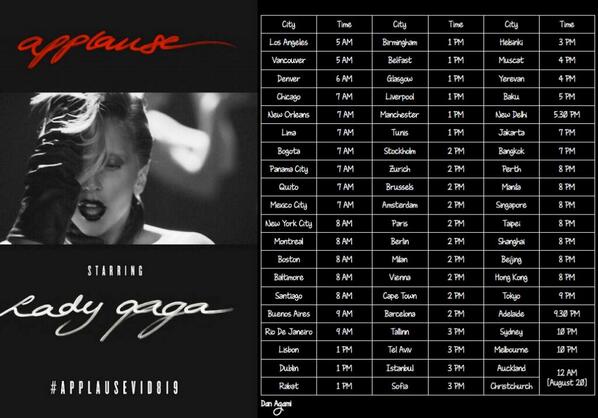 TomyKMonster's tweet photo. Worldwide timings for the premiere of Lady Gaga’s #Applause music video on @GMA this Monday #ApplauseVid819 - http://t.co/1qvSEZ05Nw