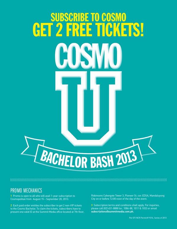 cosmo_ph's tweet image. You want TWO guaranteed tickets to #CosmoBachelorBash 2013? Subscribe to Cosmo for a year between AUG 15 to SEPT 20!