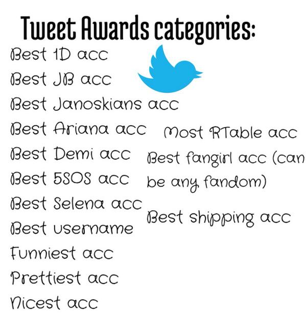 YourTweetAwards's tweet photo. HERE ARE THE CATEGORIES. NOMINATE PEOPLE. VOTING WILL START SEPTEMBER 5. RT, RT, RT. http://t.co/U8qg5QvAhB
