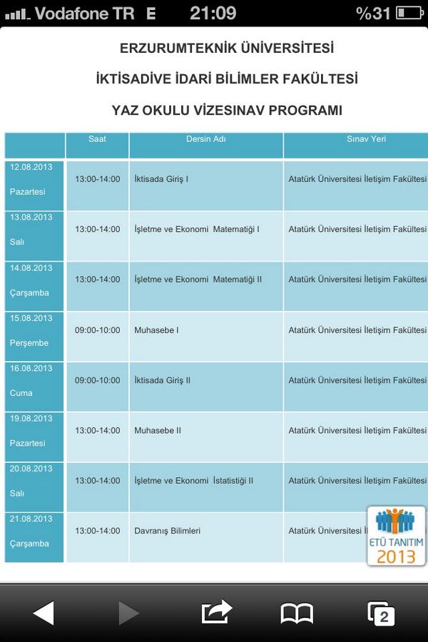 Yaz okulu İİBF Vize Programı :