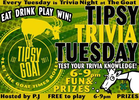 #TipsyTuesday #DrinkSpecials #HappyHour #Trivia #FreeToPlay #Prizes #Fun #ActionTrivia