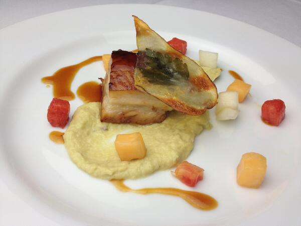 Course 1 <a href="/TexasPete/">Texas Pete Hot Sauce</a> Melon @CheshirePork Lemongrass-Leek Purée Cantaloupe Glassed Potato, Pickled Melons #CompDiningNC