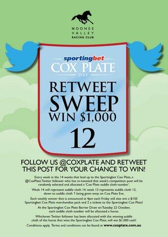 CoxPlate's tweet photo. RETWEET TO WIN! Enter week 12 #CoxPlateRetweetSweep, win saddlecloth 12, 2 CoxPlate tickets &amp; a chance to win $1,000! http://t.co/MnCJ7zpini