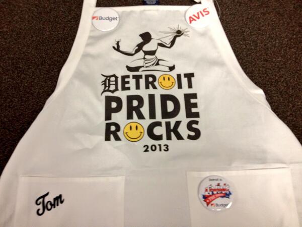 AvisPrefDTW's tweet photo. Here's a sneak peek of our #LivingThePride logo on Tom's apron. 90 minutes until we go live. @GoAvisBudget http://t.co/tn1IhM4OeO