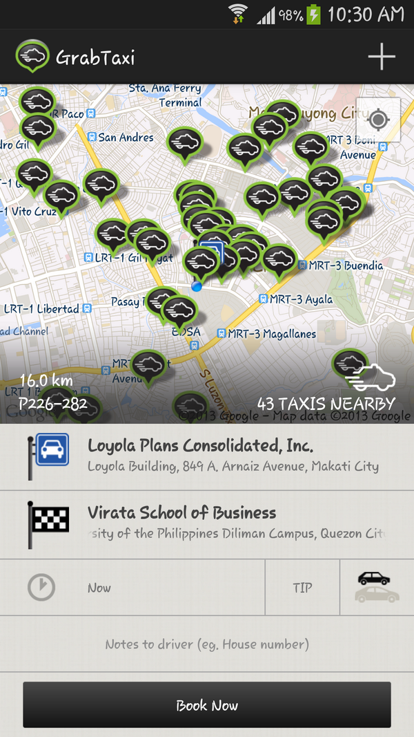 grabph's tweet photo. GrabTaxi partner taxis are increasing in number day by day! Look, 43 taxis around! #TimeToGrab http://t.co/ZZZFLOUT9N