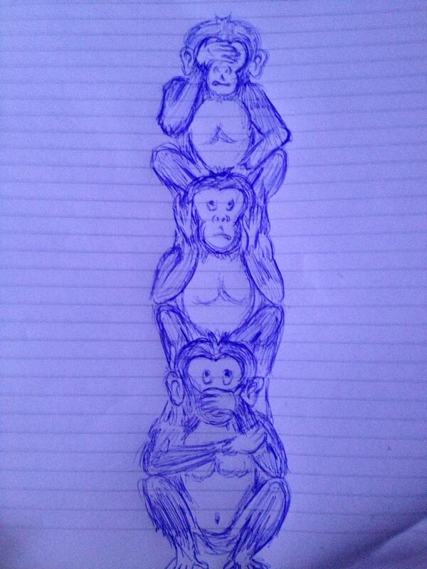 Schetsje met pen "horen, zien en zwijgen"